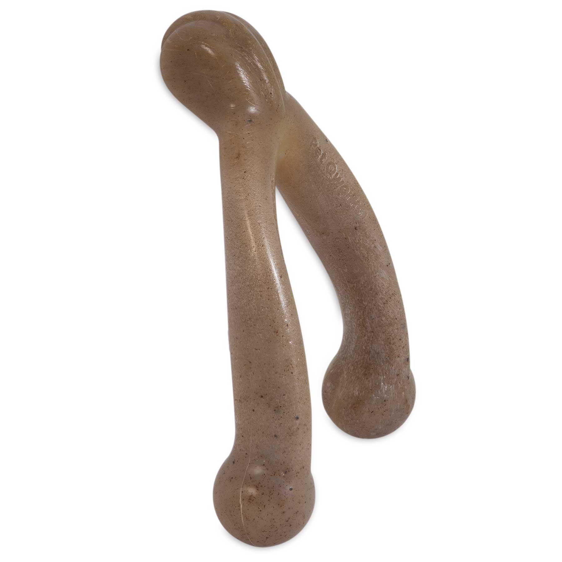 Two BarkBone Natural Instincts Wishbone Bacon-Infused Nylon Dog Chews, shaped like curved sticks, rest on a white background.