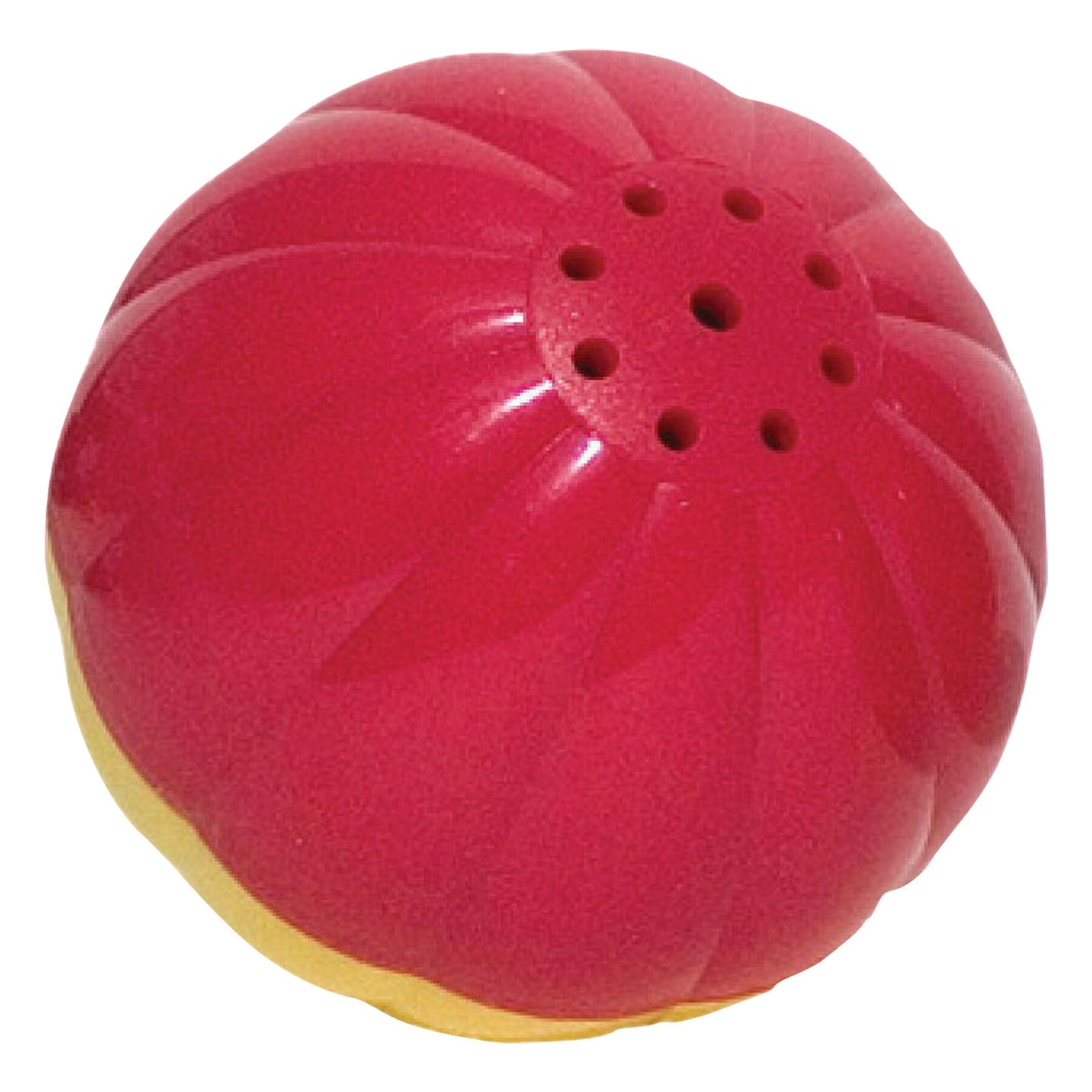 The Petqwerks Pet Qwerks Animal Sounds Babble Ball is a red and yellow toy resembling a strawberry with a textured surface and small holes. It’s perfect for playful pets, mimicking fun sounds to spark endless joy and engagement, ideal for those seeking durable dog toys.