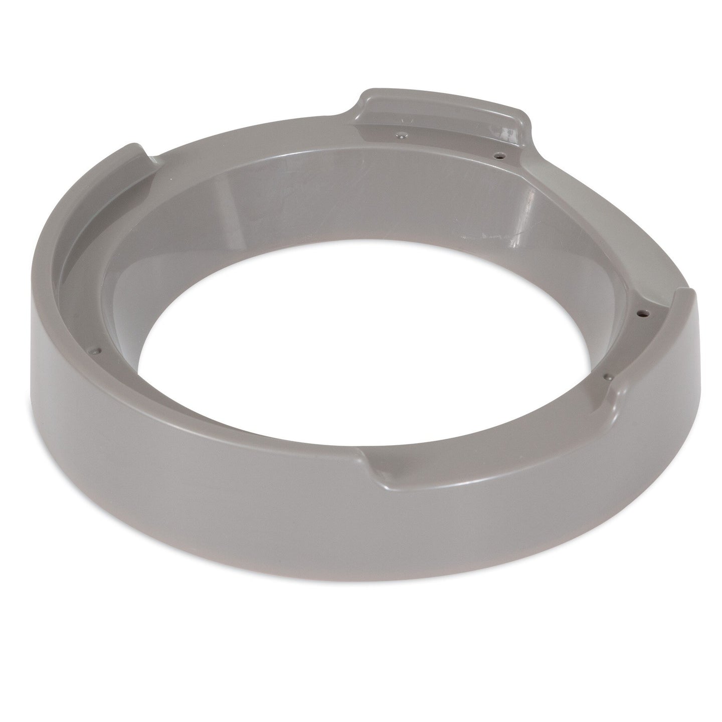 A gray, circular plastic object with a hollow center and raised edge, likely used in assembly or function within Petmate® products, is the Replacement Food Ring Riser for the Programmable Portion Right Feeder.