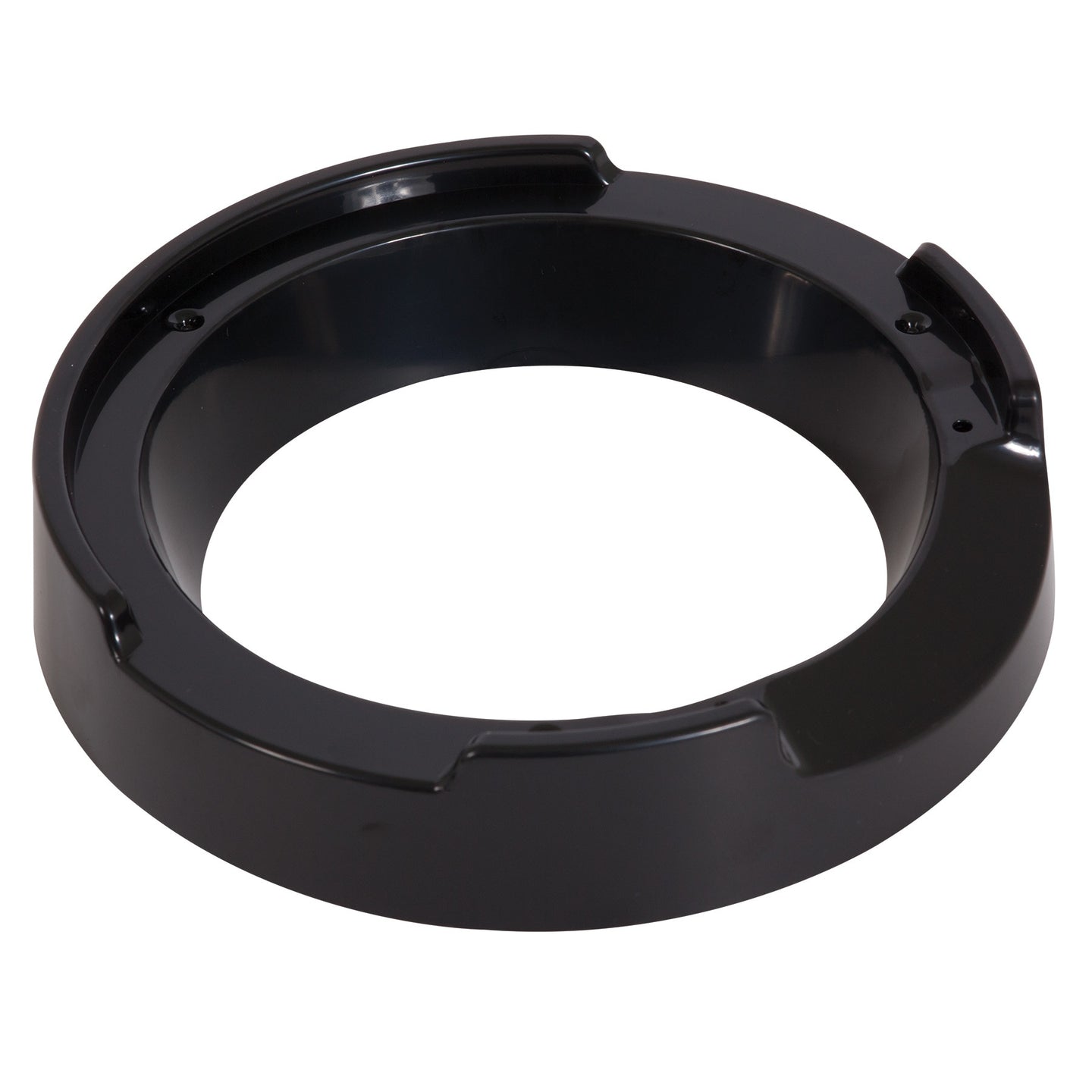 A round, black plastic ashtray with three grooves for holding cigarettes and a smooth, shiny surface reflects light elegantly; it is similar in sleekness to an Aspen Pet LeBistro Automatic Feeder Replacement Food Ring Riser.
