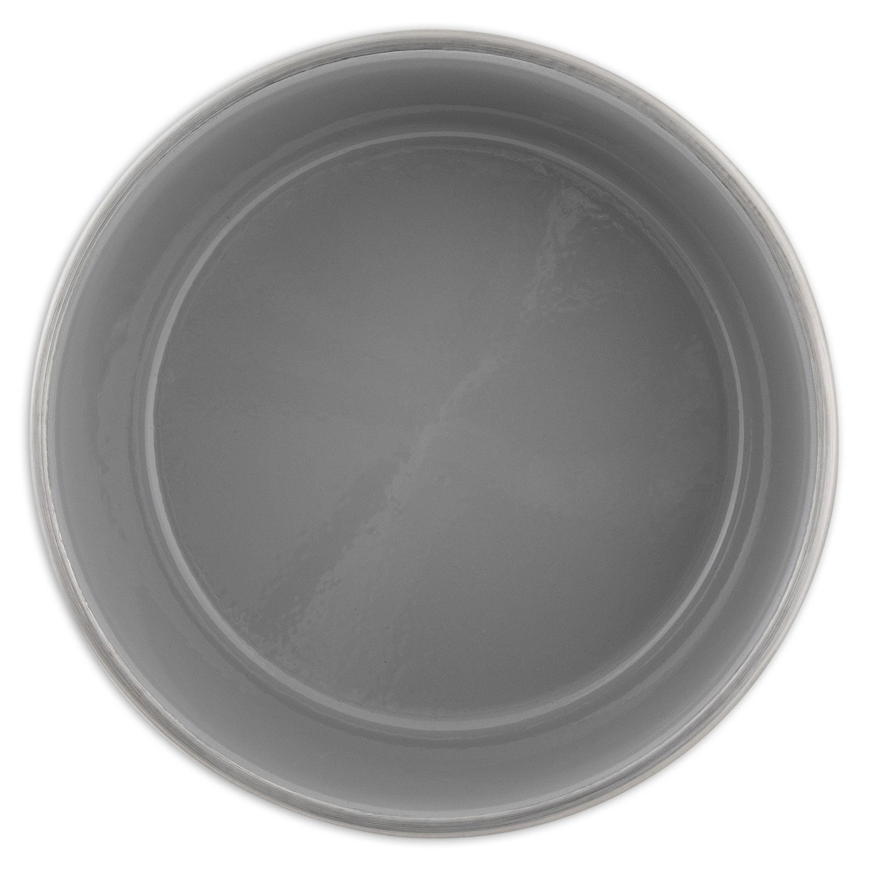 A top view of an empty, round gray ceramic bowl with a smooth, glossy surface complements any kitchen decor when paired with Petmate Painted Stainless Steel Pet Bowls by the brand Petmate.