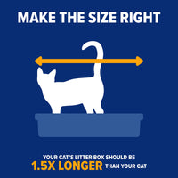 The silhouette of a cat inside an Arm & Hammer Top Entry Litter Box with a double-headed arrow signifies the length from head to tail. The text suggests: MAKE THE SIZE RIGHT and advises, Your cats litter box should be 1.5x longer than your cat for optimal comfort and cleanliness.