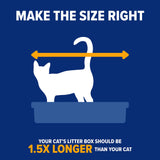 The silhouette of a cat inside an Arm & Hammer Top Entry Litter Box with a double-headed arrow signifies the length from head to tail. The text suggests: MAKE THE SIZE RIGHT and advises, Your cats litter box should be 1.5x longer than your cat for optimal comfort and cleanliness.