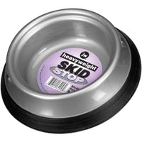 The JW Skid Stop Heavyweight Bowl by Jw is metallic with a purple label and black rubber base, featuring a barcode. Its designed to prevent sliding during use.