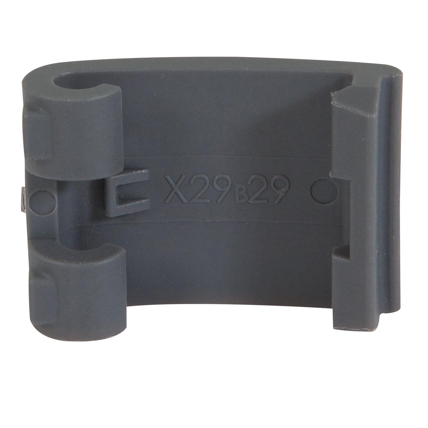 A close-up shows a rectangular dark gray plastic clip with two cylindrical holders, serving as the Short Replacement Latch for Petmate kennels. X29B29 is engraved in the center, featuring a smooth finish.