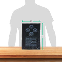 The Arm & Hammer MAX Blackout Dog Waste Bags stand upright on a wooden table, featuring printed instructions and warning symbols. An illustration behind shows dimensions of 9 inches wide by 13 inches tall, compatible with Arm & Hammer dispensers for easy, discreet disposal.