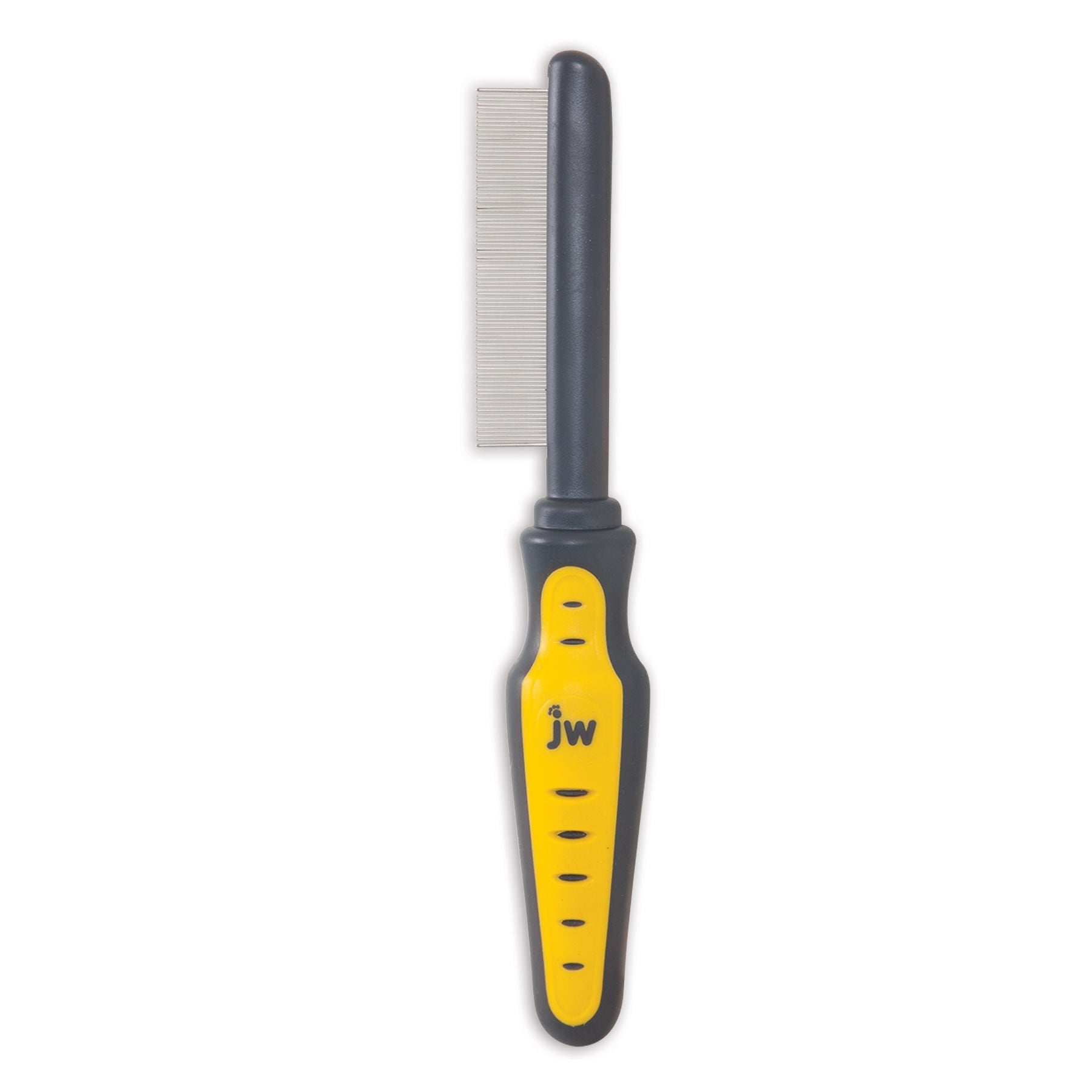 The JW Gripsoft Flea Comb, featuring a narrow, fine metal blade with metal teeth, comes in yellow and black. Its ergonomic design ensures comfort, and the handle showcases the jw brand logo.