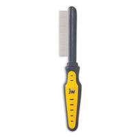 The JW Gripsoft Flea Comb, featuring a narrow, fine metal blade with metal teeth, comes in yellow and black. Its ergonomic design ensures comfort, and the handle showcases the jw brand logo.