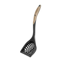 The Petmate Ultimate Litter Scoop by Petmate is a black cat litter scoop designed as a pet cleaning tool, featuring an extra-long handle, comfortable beige grip, and slotted openings for efficient litter sifting.
