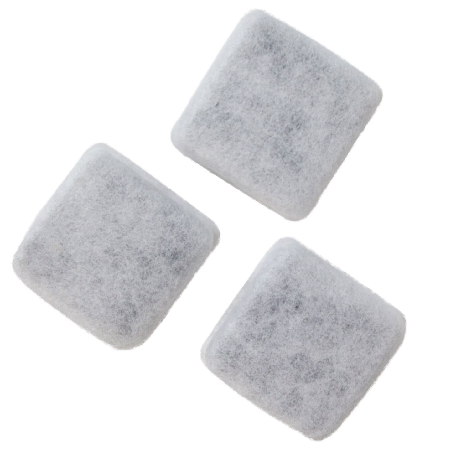 Three square, white Petmate Replendish & Mason Charcoal Replacement Filters with a soft, fibrous texture are on a white background. They appear lightweight and seem designed for devices like Mason Style Waterers needing air or water filtration.
