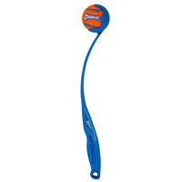 Introducing the Chuckit! Sport Launcher: a blue ball launcher with an ergonomic rubber handle for hands-free pickup of the vibrant orange and blue Chuckit logo ball. Its curved design ensures effortless throws for endless fun.