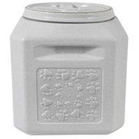 The Vittles Vault Pawprint Outback Food Storage Container by Vittles Vault is a square, light gray, BPA-free plastic container with embossed paw prints and a secure lid. Its airtight seal makes it ideal for keeping pet food fresh.