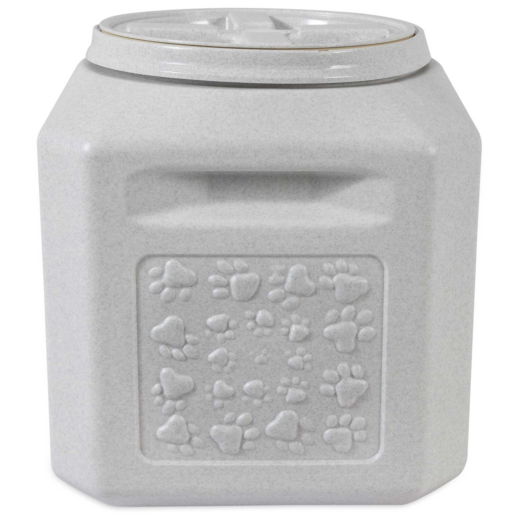 The Vittles Vault Pawprint Outback Food Storage Container by Vittles Vault is a square, light gray, BPA-free plastic container with embossed paw prints and a secure lid. Its airtight seal makes it ideal for keeping pet food fresh.