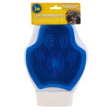 The JW 3-In-1 Dog Grooming Glove by Jw is a blue and white pet care essential featuring rubber bristles, a paw-shaped design, an adjustable wrist strap for comfort, and is machine washable, making grooming easy.