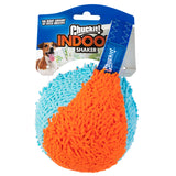 The Chuckit! Indoor Shaker by Chuckit, featuring Bounceflex Core Technology, is a fuzzy ball wrapped in orange and blue textured fabric with a blue loop handle. The packaging showcases a playful pup and the phrase The Right Amount of Fetch Indoors.