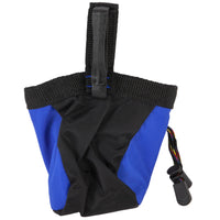 The Chuckit! Treat Tote by Chuckit is a blue and black bag made from durable packcloth. It features a drawstring closure, belt loop, side zipper pocket for extra storage, and a sturdy top handle, perfect for keeping essentials close at hand.