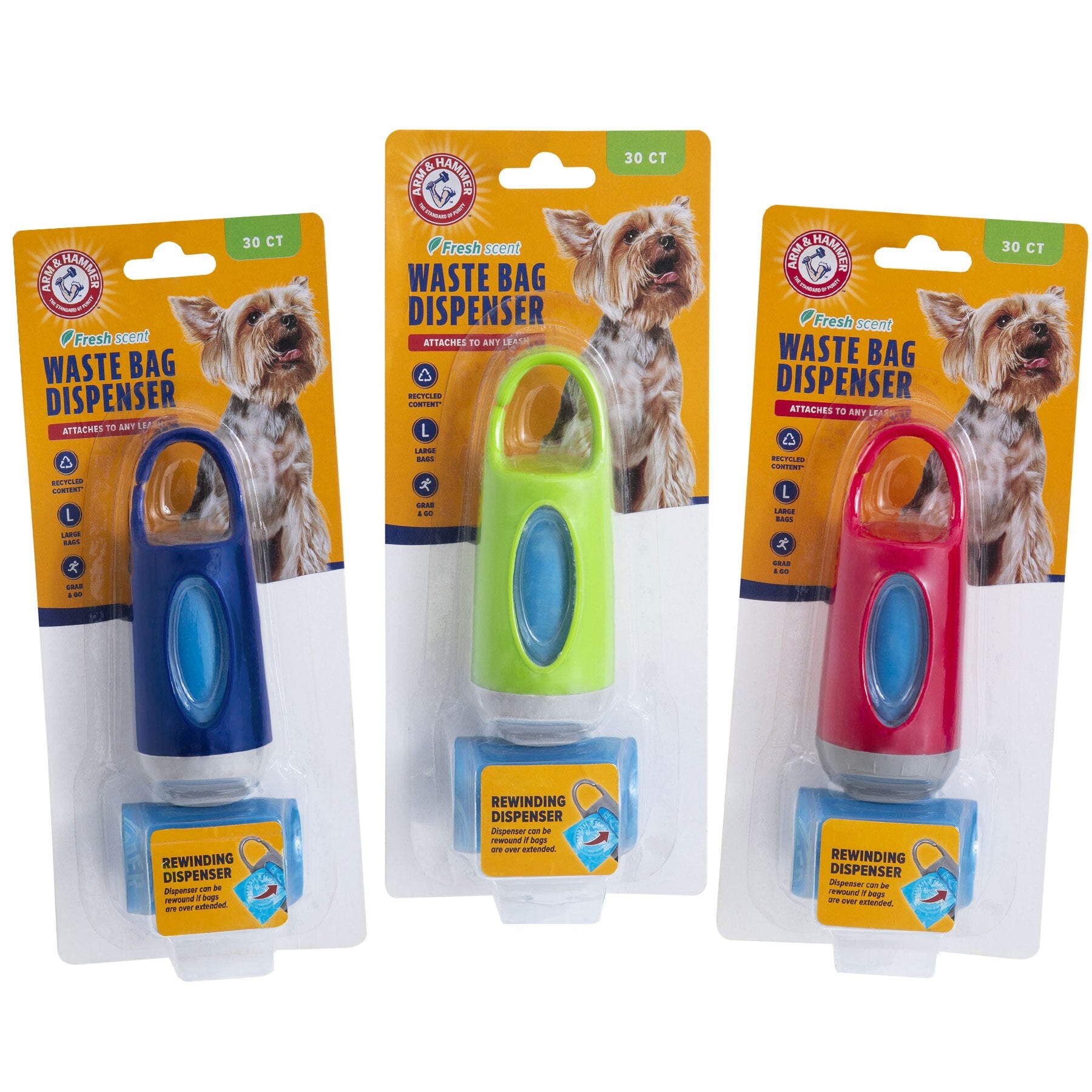 Three packs of Arm & Hammer Dispenser & Disposable Waste Bag Sets are shown, each containing a blue, green, and red dispenser with a dog image and info text, plus a roll of waste bags.