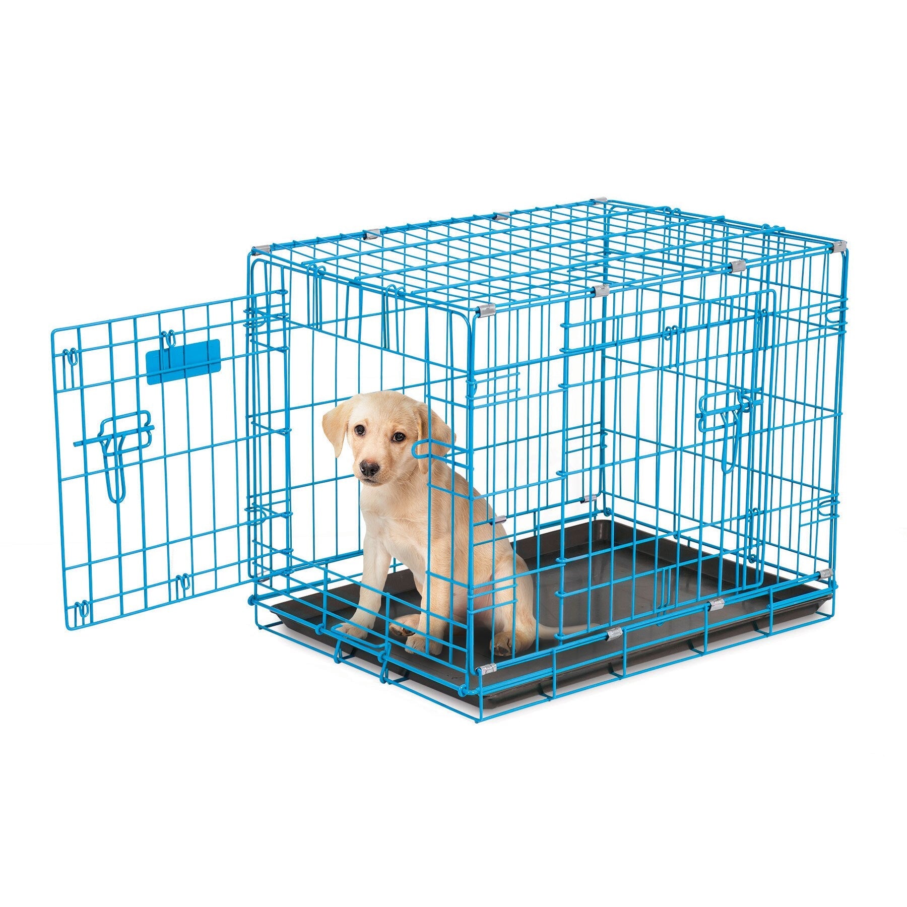 A small, light-colored puppy sits inside an open Petmate 2 Door Wire Puppy Crate by Petmate, placed on a plain white background.