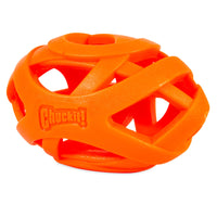 The Chuckit Air Fetch Football Dog Toy, from the Chuckit brand, is an orange, hollow lattice-style rubber toy with the brand embossed. Made from durable rubber, its interconnected bands resemble a ball with windows for easy gripping and play, ideal for energetic fetch sessions.