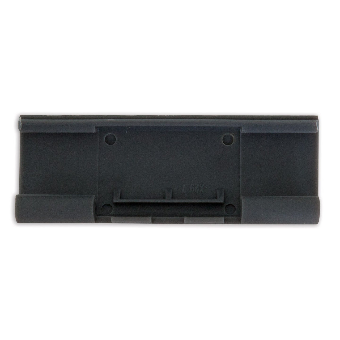 The Petmate Long Replacement Latch for plastic kennels is a black rectangular component with six symmetrical holes. It features a thin, raised ridge on the top edge and has a smooth surface with slight indentations and markings, making it ideal as a replacement latch.