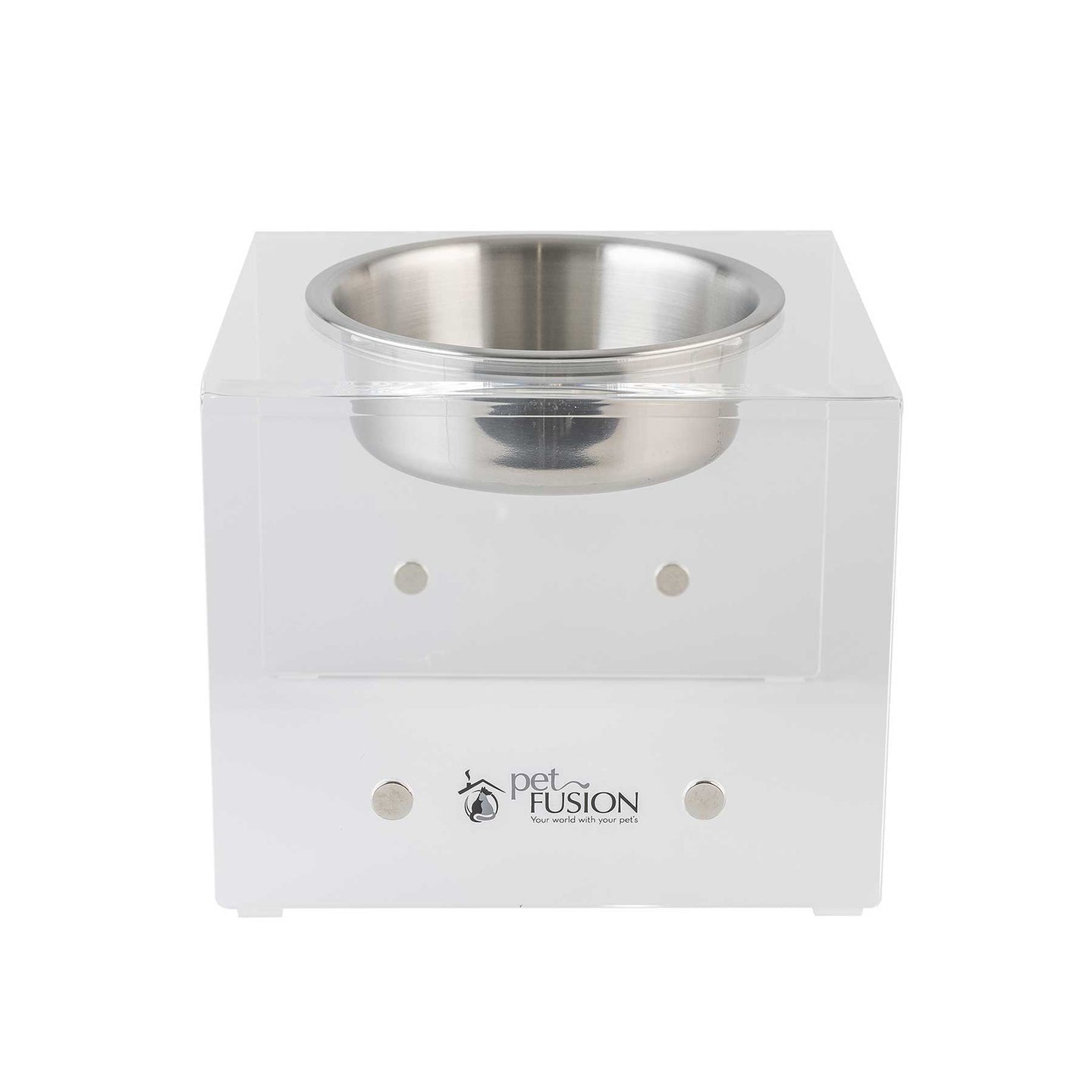 The PetFusion Elevated Bowls for Dogs & Cats feature a clear acrylic stand and stainless steel bowl, promoting better digestion. Its cube design offers visibility from all sides, perfect for multi-pet homes, providing comfort and convenience.