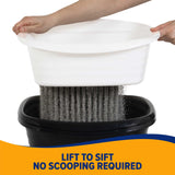 A white sifting tray from the Arm & Hammer Sifting Litter Box effortlessly lets used litter fall through, with text stating, Lift to sift, no scooping required, on an orange and blue backdrop. Enjoy added convenience and antimicrobial protection.