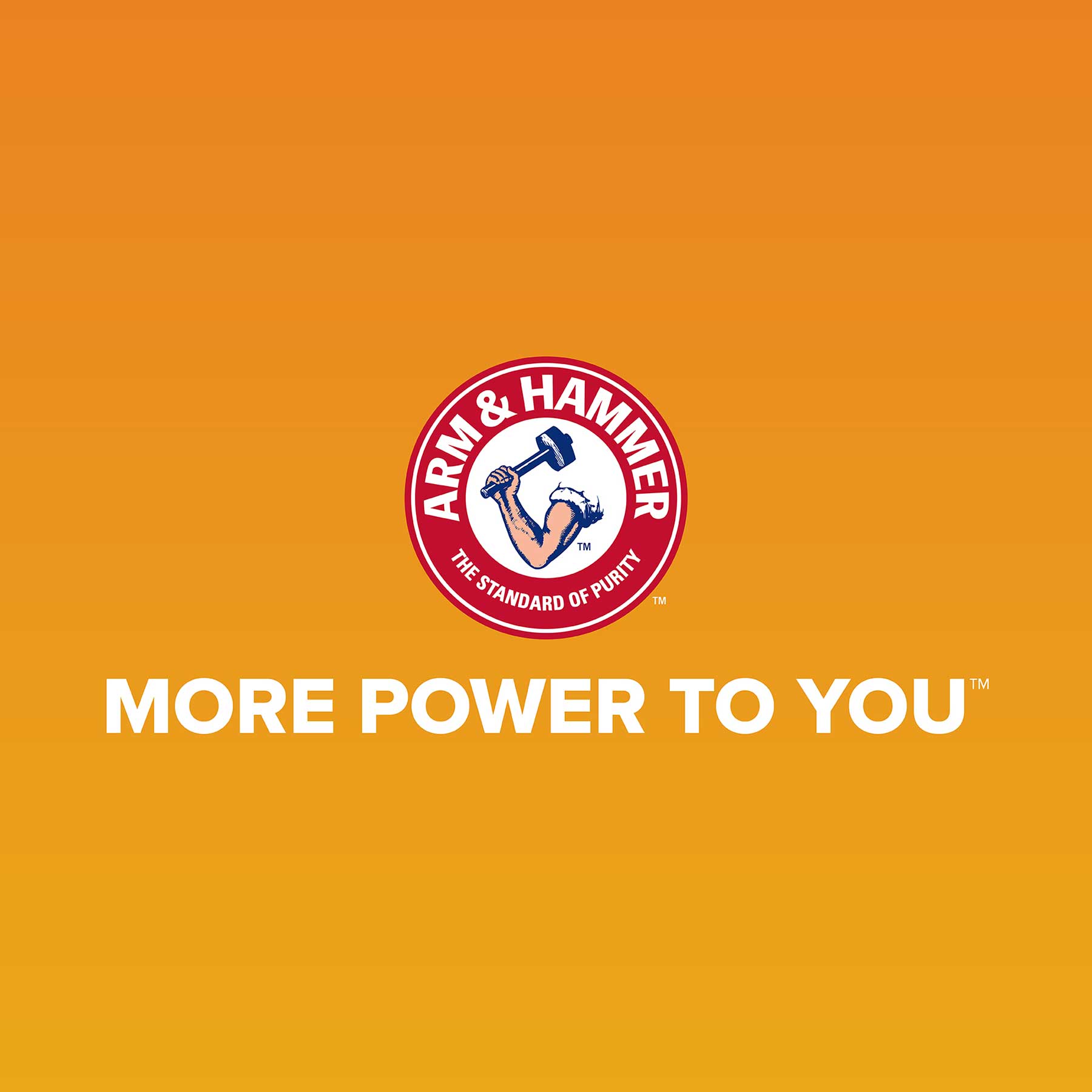 An orange gradient background showcases the Arm & Hammer logo: a muscular arm with a hammer in a red circle. Beneath, MORE POWER TO YOU is highlighted, promoting Arm & Hammer MAX Blackout Dog Waste Bags for an exceptionally clean experience.