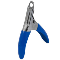 The JW Gripsoft Pet Nail Trimmer by Jw is a guillotine-style metal nail clipper with blue rubber grips, featuring a rounded cutting edge and ergonomic handles for easy pet grooming.