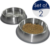 The PetFusion Premium Brushed Anti-Tip Dog & Cat Bowls Set, featuring two high-grade stainless steel bowls on a white background—one filled with dry kibble, the other empty—showcases its sleek anti-slip features. A circular emblem in the top right corner reads Set of 2 against a wavy line design.