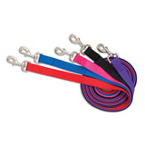 Five vibrant Petmate Nylon Standard Core Dog Leads, in red, blue, pink, black, and purple from Petmate, are arranged in a fan shape with durable hardware. The coiled leashes beautifully display their varied colors and textures.