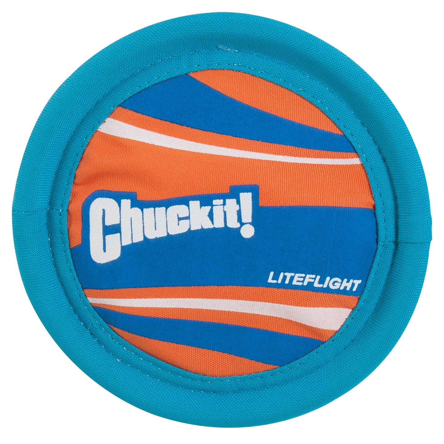 The Chuckit Lite Flight Dog Fetch Toy by Chuckit is made of durable polyester canvas and has a blue and orange circular design with wavy patterns. Chuckit! appears in bold white letters, making this vibrant disc perfect for healthy pet exercise.