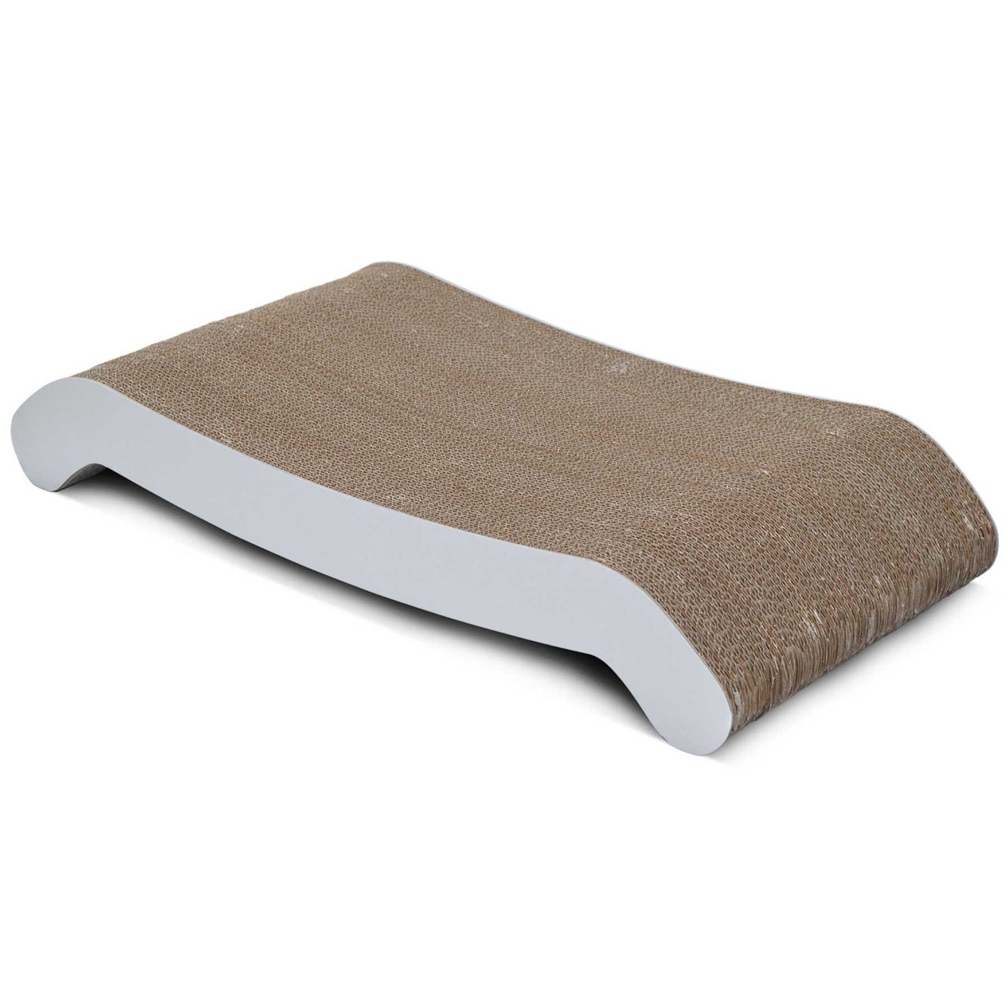 The PetFusion Cat Scratching Flip Pad by Pet Fusion is a premium, reversible, curved rectangular scratcher made of corrugated cardboard with white edges. It offers a textured surface for your cat to scratch and relax on, ensuring durability and endless comfort.