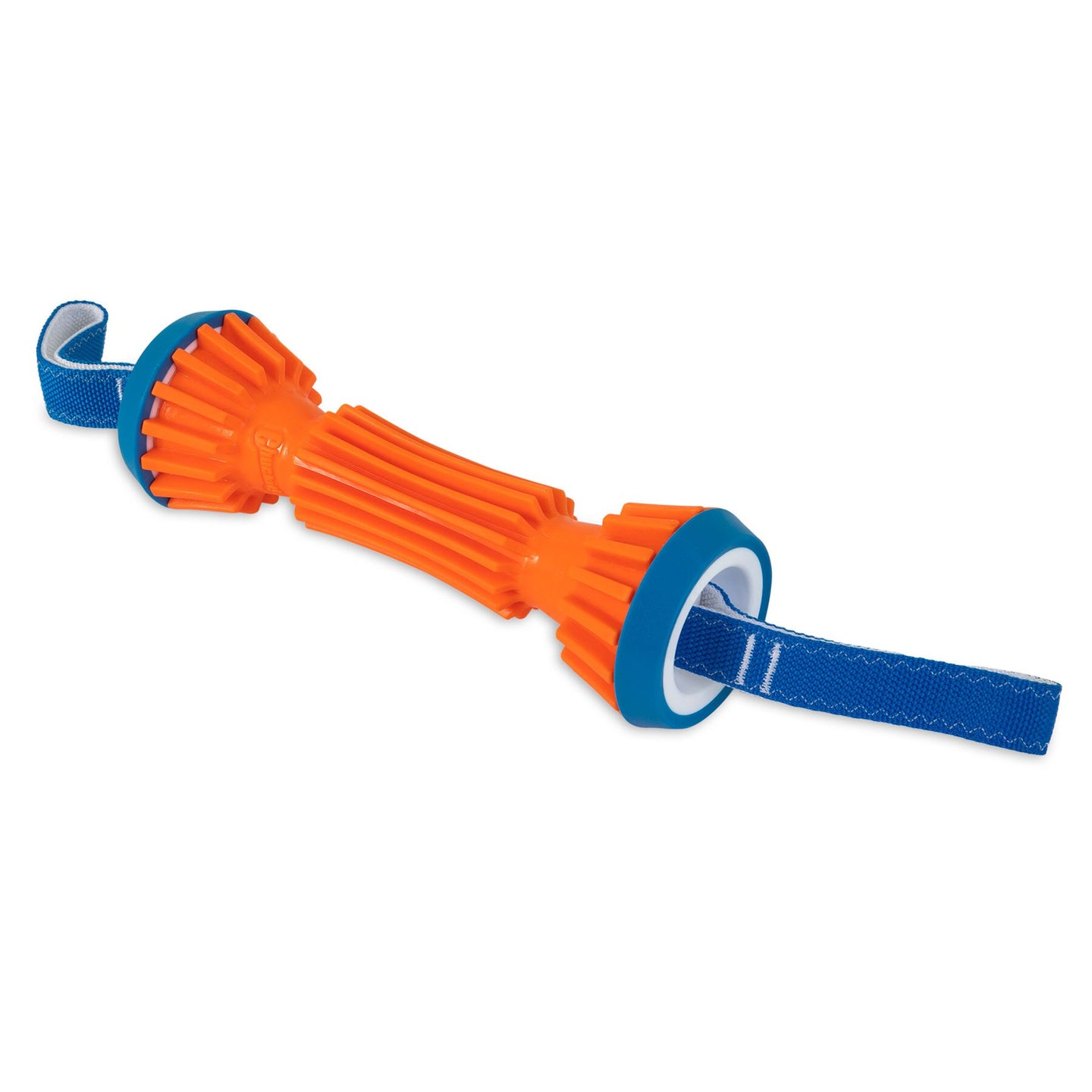 The bright orange Chuckit! Rugged Bumper Dog Toy by Chuckit features a bone-like shape, ribbed texture ends, and rubberized blue rings. A blue strap loops through the center for fetch or tug-of-war fun. It also floats for water play!.