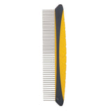 The JW Gripsoft Fine & Coarse Comfort Comb by Jw features a yellow handle with gray edges and stainless steel teeth. Its evenly spaced teeth are ideal for detangling and smoothing pet fur, while the ergonomically shaped, non-slip handle ensures comfort.