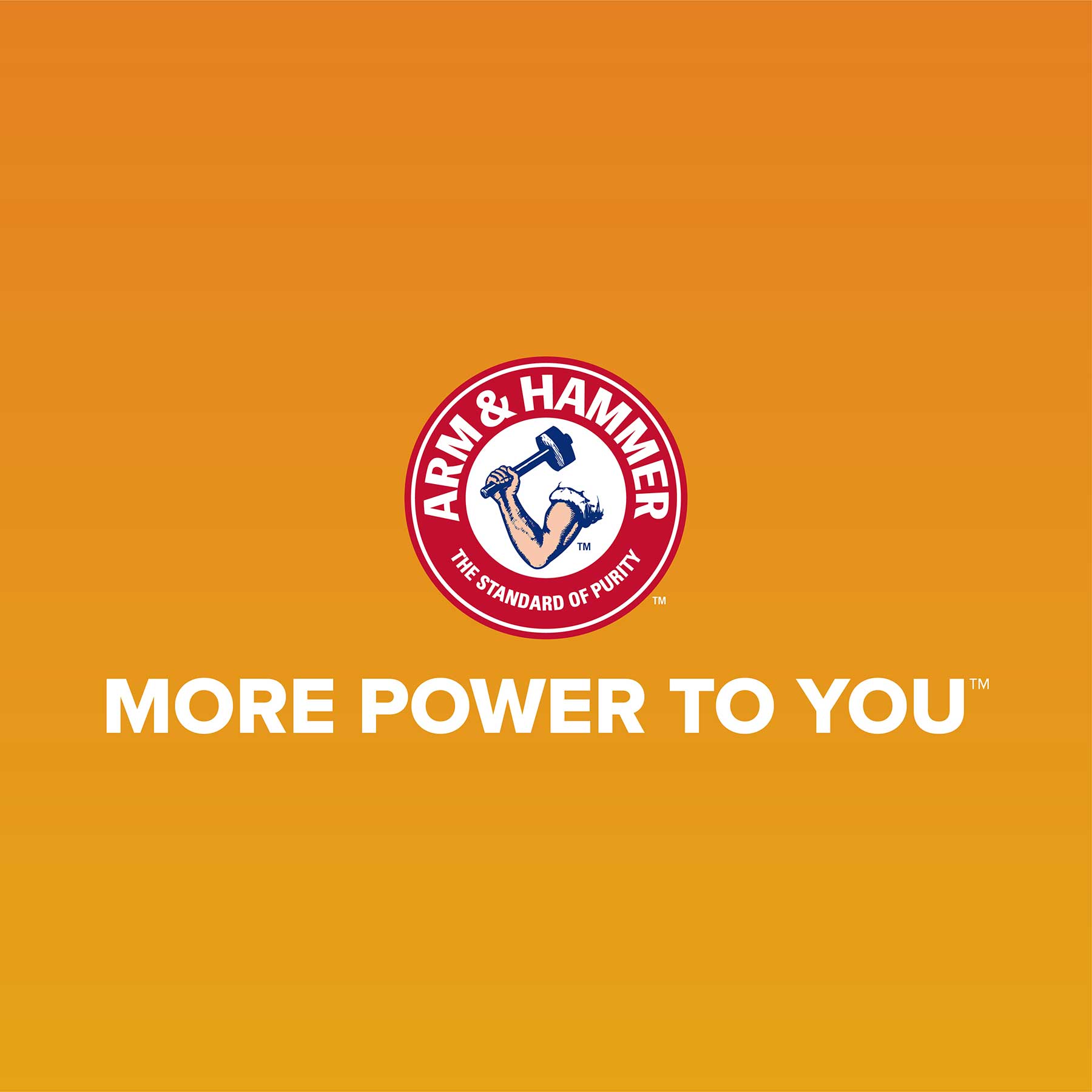 The Arm & Hammer logo, with a flexing arm gripping a hammer and the slogan More Power to You on an orange background, reflects their eco-friendly focus, like the SimplyRecycled Wave Litter Box by Arm & Hammer, made of recycled plastic.