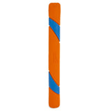 The Chuckit! Ultra Fetch Stick by Chuckit is a straight, elongated stick featuring an orange textured design with blue diagonal stripes. Made from tough material for durability, it offers high visibility and may have a slight curvature for endless play.