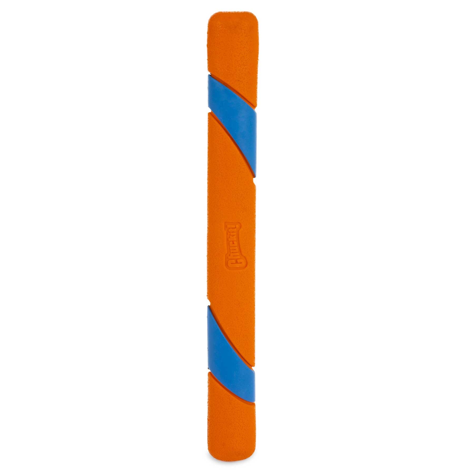 The Chuckit! Ultra Fetch Stick by Chuckit is a straight, elongated stick featuring an orange textured design with blue diagonal stripes. Made from tough material for durability, it offers high visibility and may have a slight curvature for endless play.