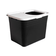 The Arm & Hammer Top Entry Litter Box by Arm And Hammer features a black plastic design with a white non-slip textured lid and large handle. It has small circular ventilation holes, horizontal side ridges for strength, making it an ideal top-entry litter box.