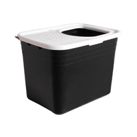 The Arm & Hammer Top Entry Litter Box by Arm And Hammer features a black plastic design with a white non-slip textured lid and large handle. It has small circular ventilation holes, horizontal side ridges for strength, making it an ideal top-entry litter box.