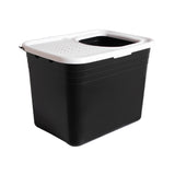 The Arm & Hammer Top Entry Litter Box by Arm And Hammer features a black plastic design with a white non-slip textured lid and large handle. It has small circular ventilation holes, horizontal side ridges for strength, making it an ideal top-entry litter box.