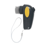 The JW Gripsoft Palm Nail Grinder For Pets, by Jw, is a portable groomer resembling a handheld flashlight. It features a crank handle, wrist strap, and cordless power with a dark green body and yellow accents. The clear end allows light to emit efficiently.