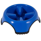 Introducing the Aspen Pet Skid Stop Slow Feeder Dog Bowl in a calming blue with raised sections. Skid Stop black rubber grips ensure stability, preventing spills and making feeding time easy.