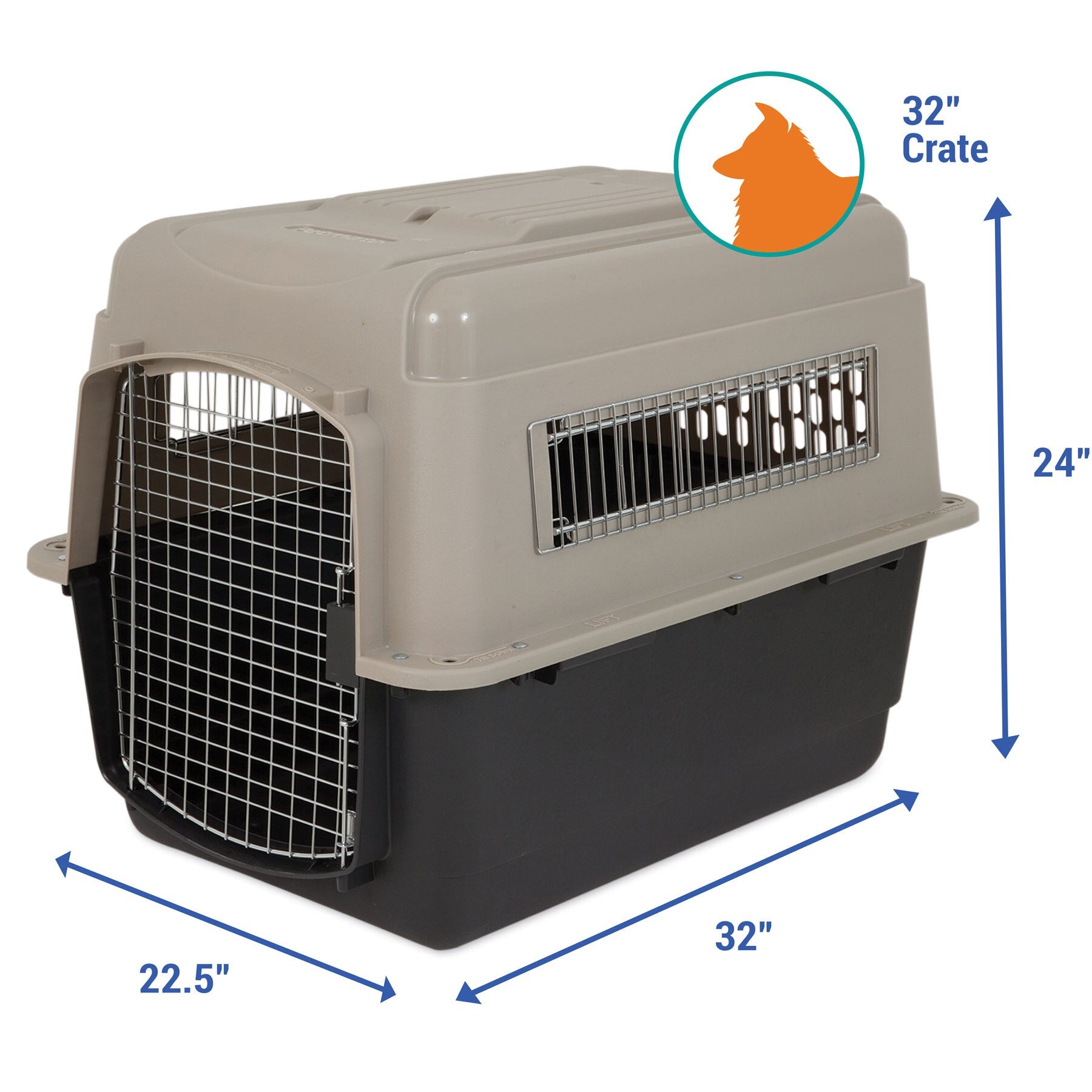 The Petmate Traveler - Ultra Vari Kennel by Petmate is a large, durable carrier with a wire door and side vents, measuring 32 L x 22.5 W x 24 H—perfect for pet travel. Dog icon and 32 Crate text shown at top right.
