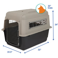 The Petmate Traveler - Ultra Vari Kennel by Petmate is a large, durable carrier with a wire door and side vents, measuring 32 L x 22.5 W x 24 H—perfect for pet travel. Dog icon and 32 Crate text shown at top right.