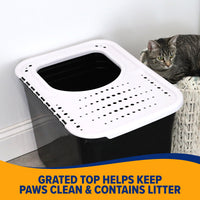 A gray cat lounges beside the sleek, black Arm & Hammer Top Entry Litter Box with a non-slip textured lid for clean paws and contained litter, while a blue and yellow banner highlights its top-notch features.