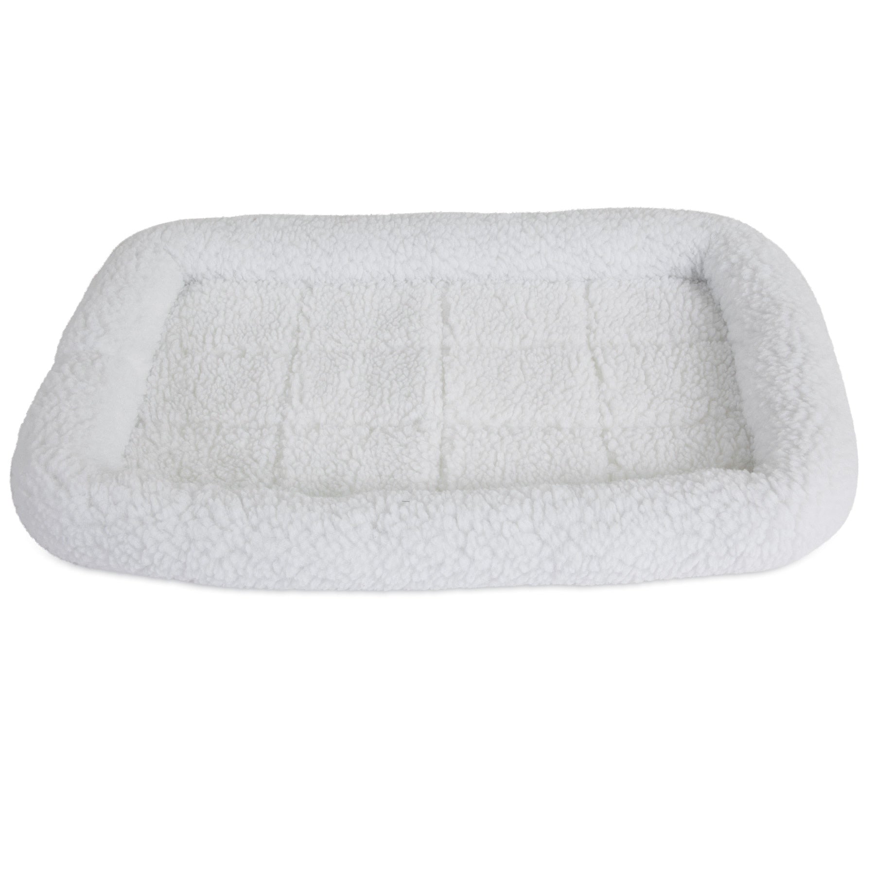 The SnooZZy Faux Sheepskin Bolster Kennel Mat by Snoozzy is a rectangular white fleece pet bed with a cushioned border, perfect for crate training. Its ideal for small pets, featuring a soft, textured surface and is machine washable for easy care.