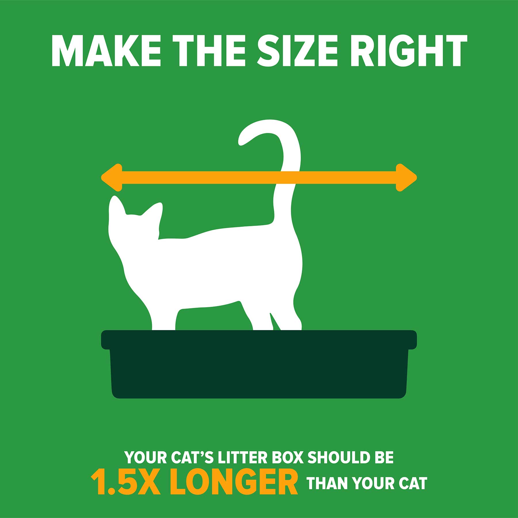 Illustration of a cat in an Arm & Hammer SimplyRecycled Wave Litter Box, with an arrow indicating the box should be 1.5 times the cats length. Text reads: Choose the right size with Arm & Hammer SimplyRecycled—1.5x longer than your cat.