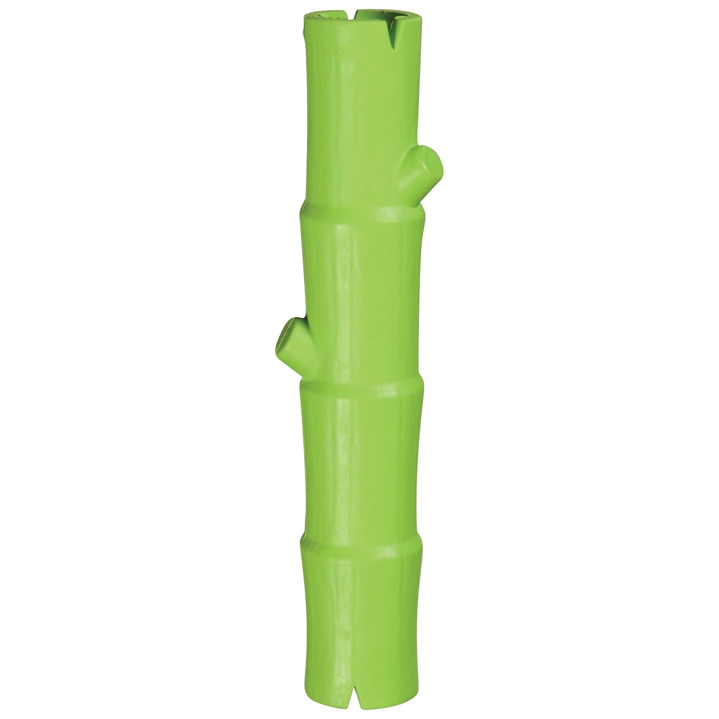 A JW Bamboo Stick, bright green rubber dog toy by Jw, mimics a vertical bamboo stalk with segment separations and stubs. Its smooth, durable texture casts a shadow on the white background.