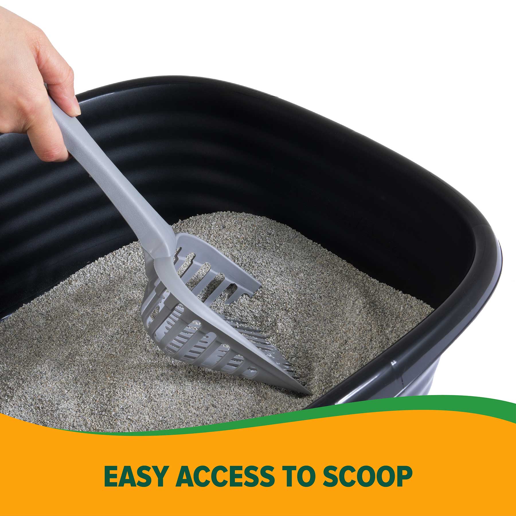 A hand using a gray scoop cleans clumping litter in a black Arm & Hammer SimplyRecycled Wave Litter Box. A green and orange band at the bottom reads EASY ACCESS TO SCOOP.