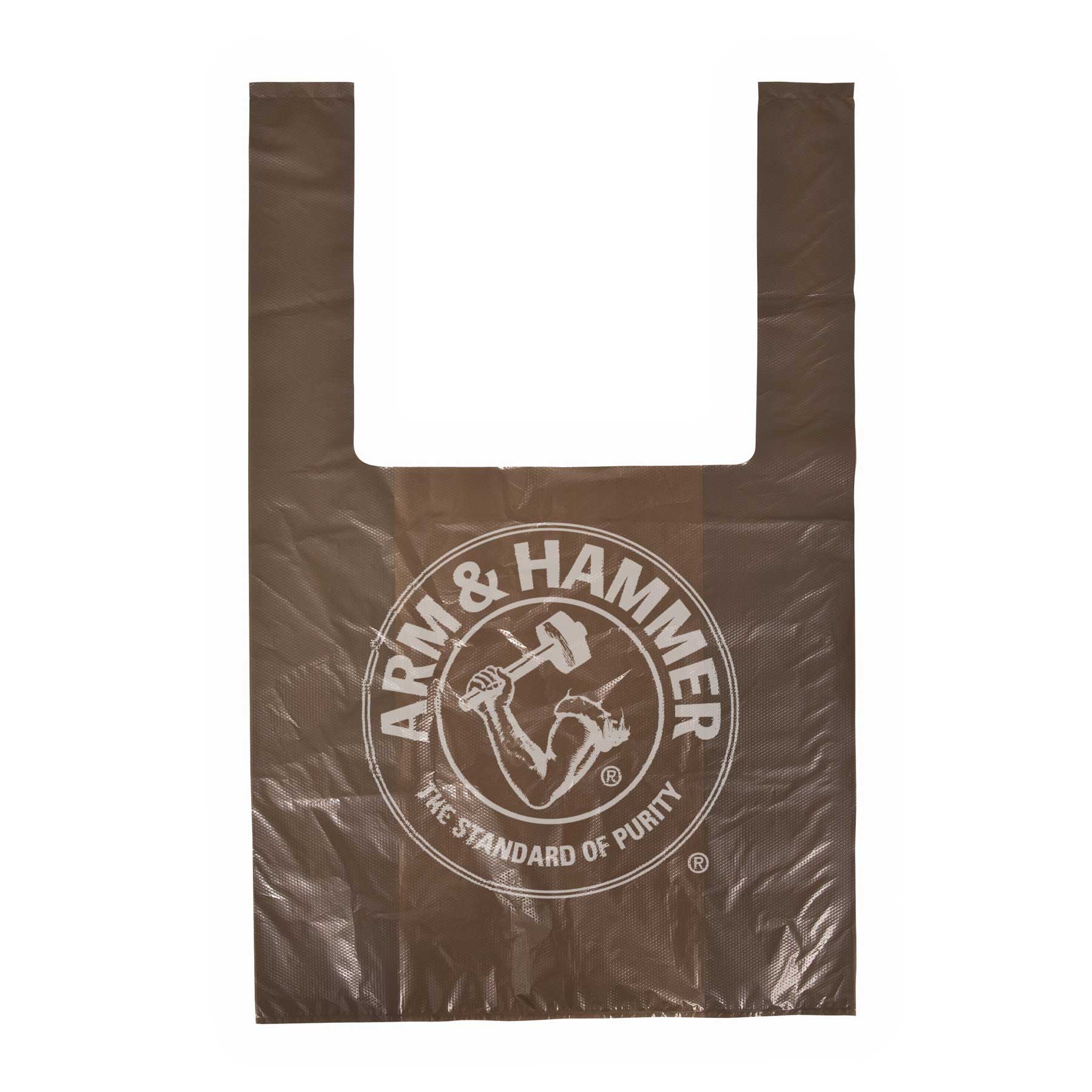 The Arm & Hammer Swivel Bin Pet Waste Bags by Arm And Hammer feature a brown plastic design with two handles and the iconic logo: a muscular arm wielding a hammer. These bags excel in odor control thanks to activated baking soda, embodying The Standard of Purity.